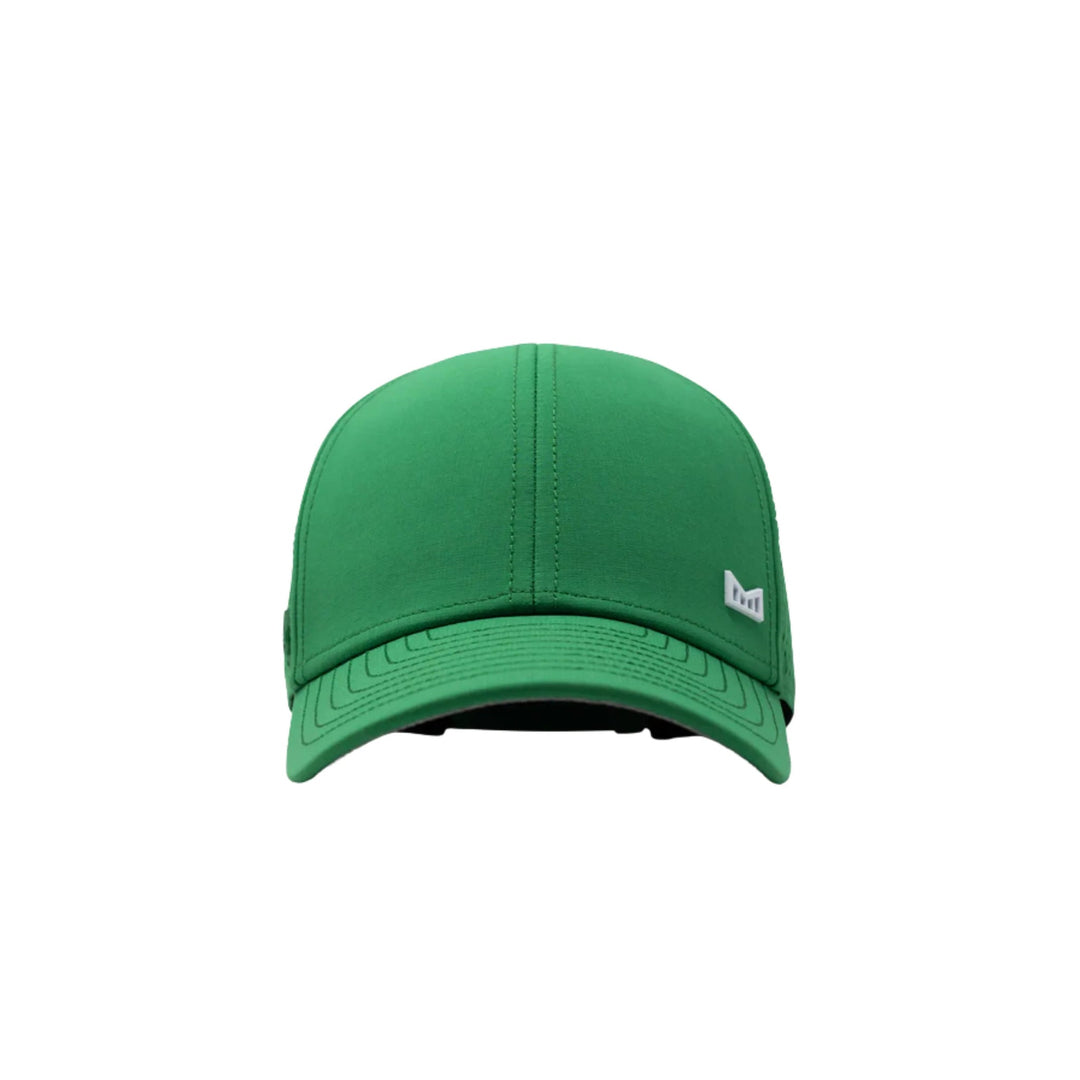 Green baseball cap with a curved brim and small white logo on the right front panel