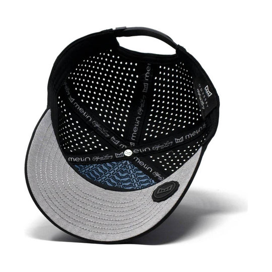 Black and gray cap with branding on a white background