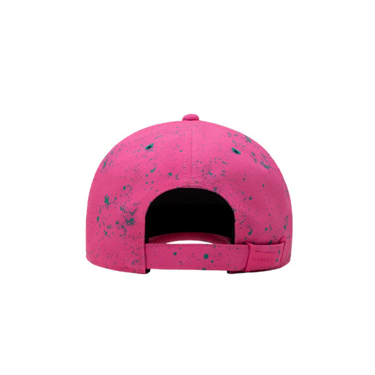 Hot pink baseball cap with teal paint splatter and adjustable back strap