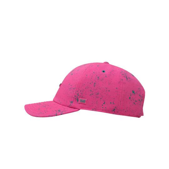 Bright pink baseball cap with dark speckled pattern and curved brim