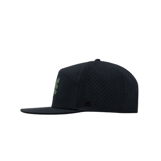 Black perforated flat-brim baseball cap with a small side logo