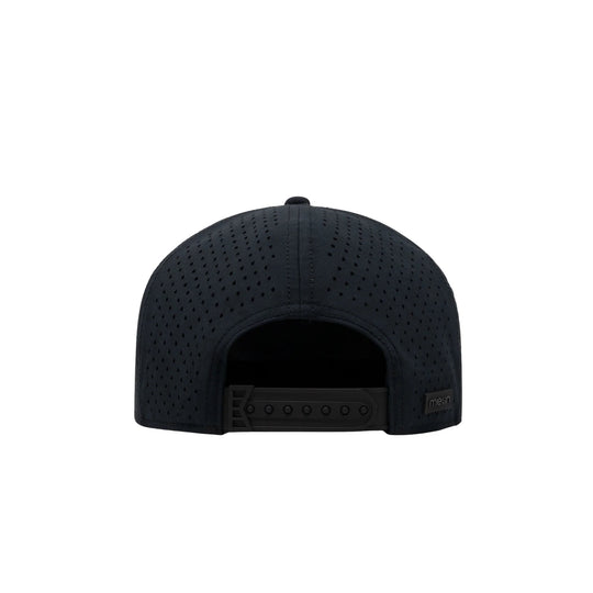 Black perforated snapback cap shown from the back with adjustable strap and small Melin logo patch