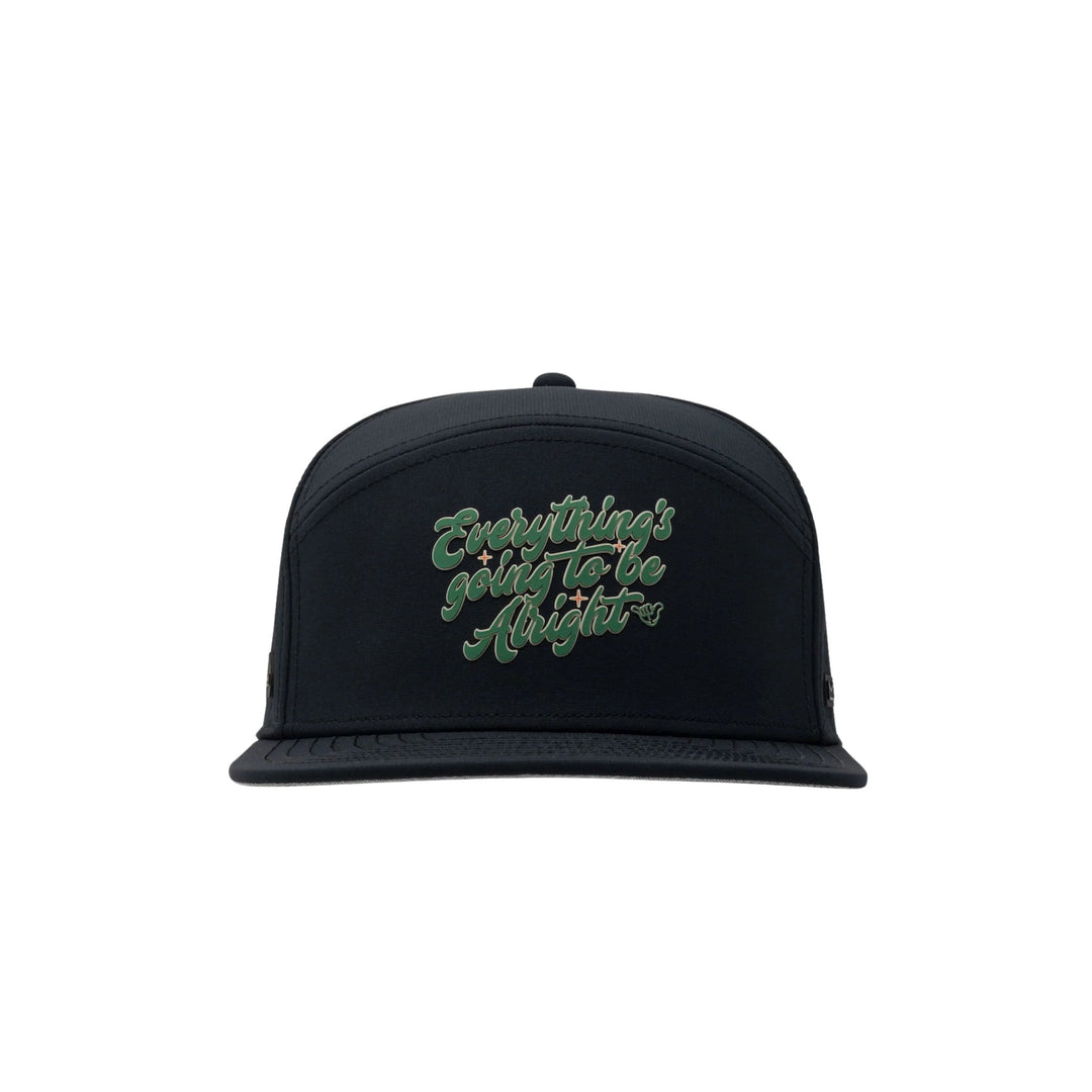 Black flat-brim cap with green script reading “Everything’s going to be Alright”