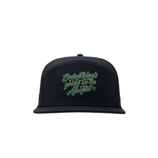 Black flat-brim cap with green script reading “Everything’s going to be Alright”