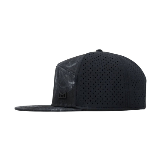 Black perforated flat-brim cap with a small front logo and smoky side panel