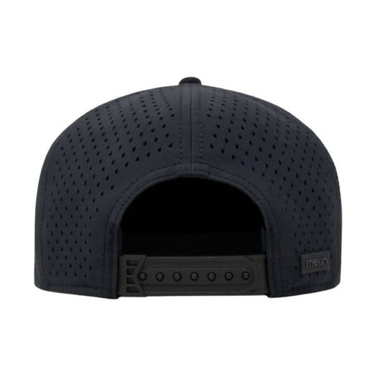 Black perforated snapback cap shown from the back with a small melin patch