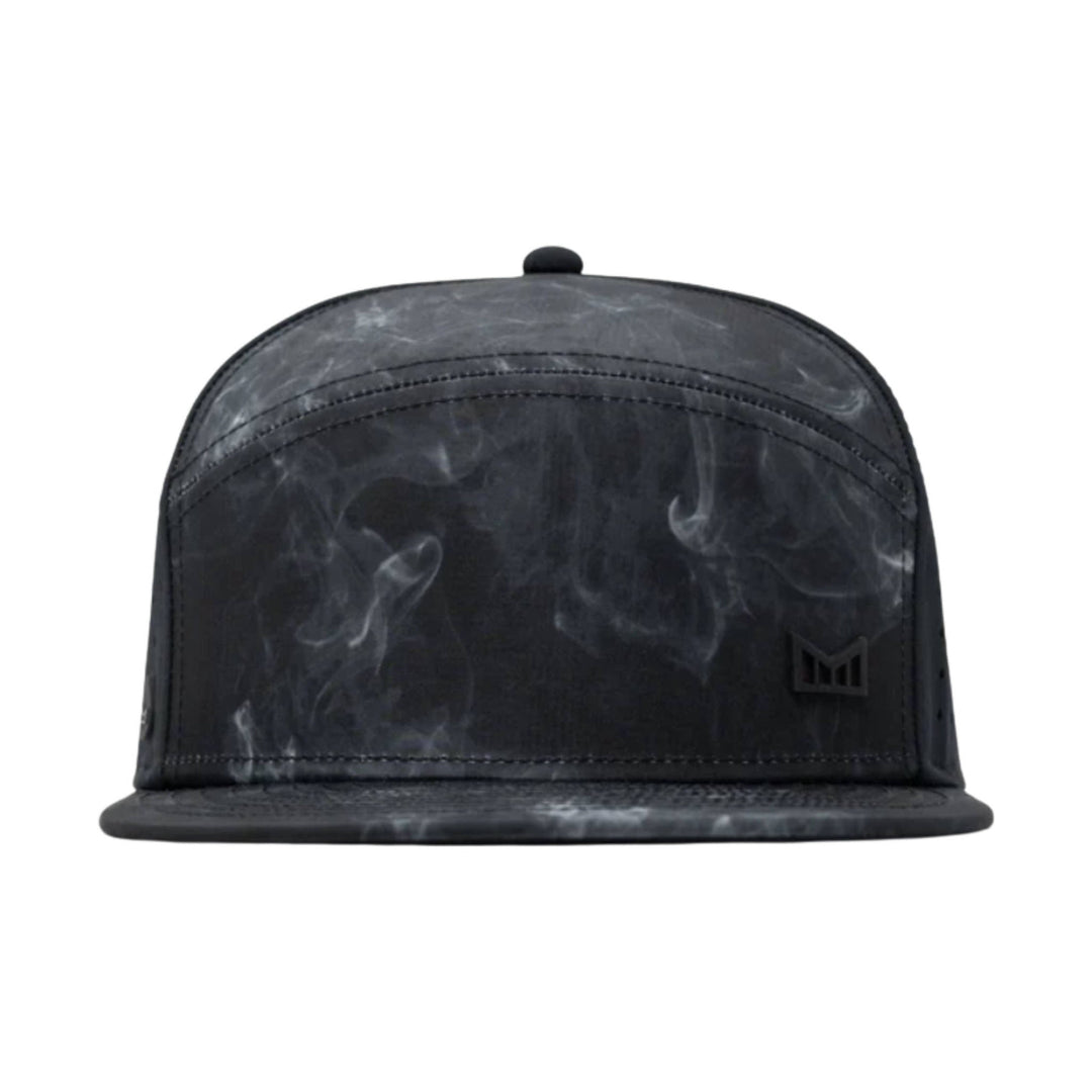 Black low-profile flat-brim cap with a smoky marbled pattern and small front logo