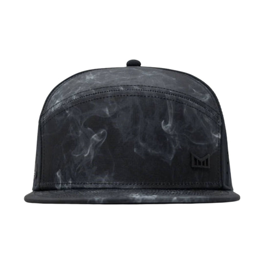 Black low-profile flat-brim cap with a smoky marbled pattern and small front logo