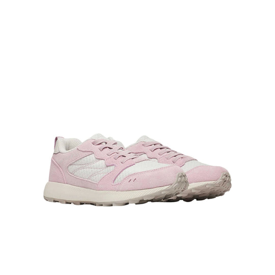 Pink and white low-top trail shoes with mesh side panels, lace-up closure, and rugged rubber outsoles