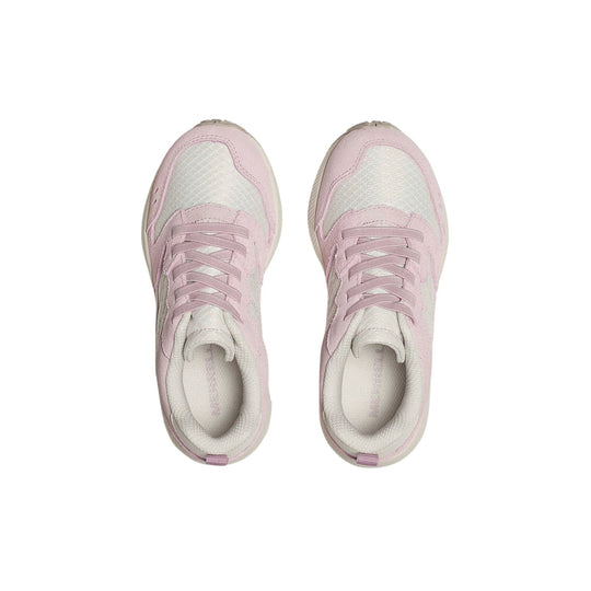 Pair of light pink slip-on sneakers with white mesh uppers and laces