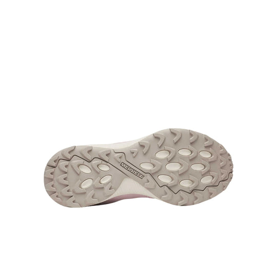 Beige hiking shoe outsole with deep tread and MERRELL text