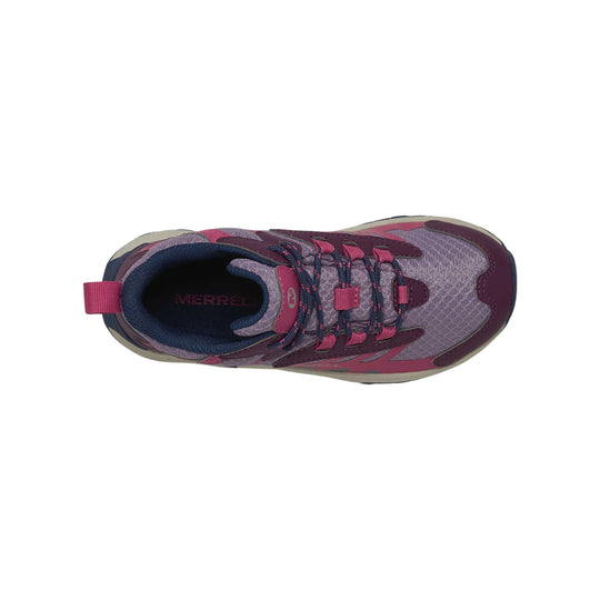 Purple and pink mid hiking boot with bungee laces, shown from above