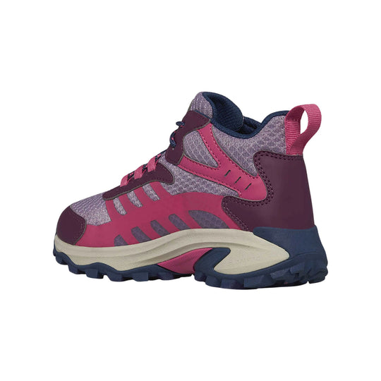 Mid-height pink and navy hiking boot with a pull loop and rugged sole