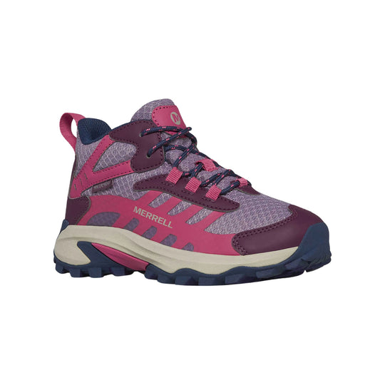 Purple and pink mid-top hiking boot with navy laces, a beige sole, and visible Merrell branding