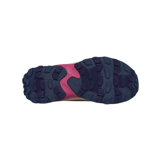 Navy boot outsole with pink midfoot section and rugged tread lugs