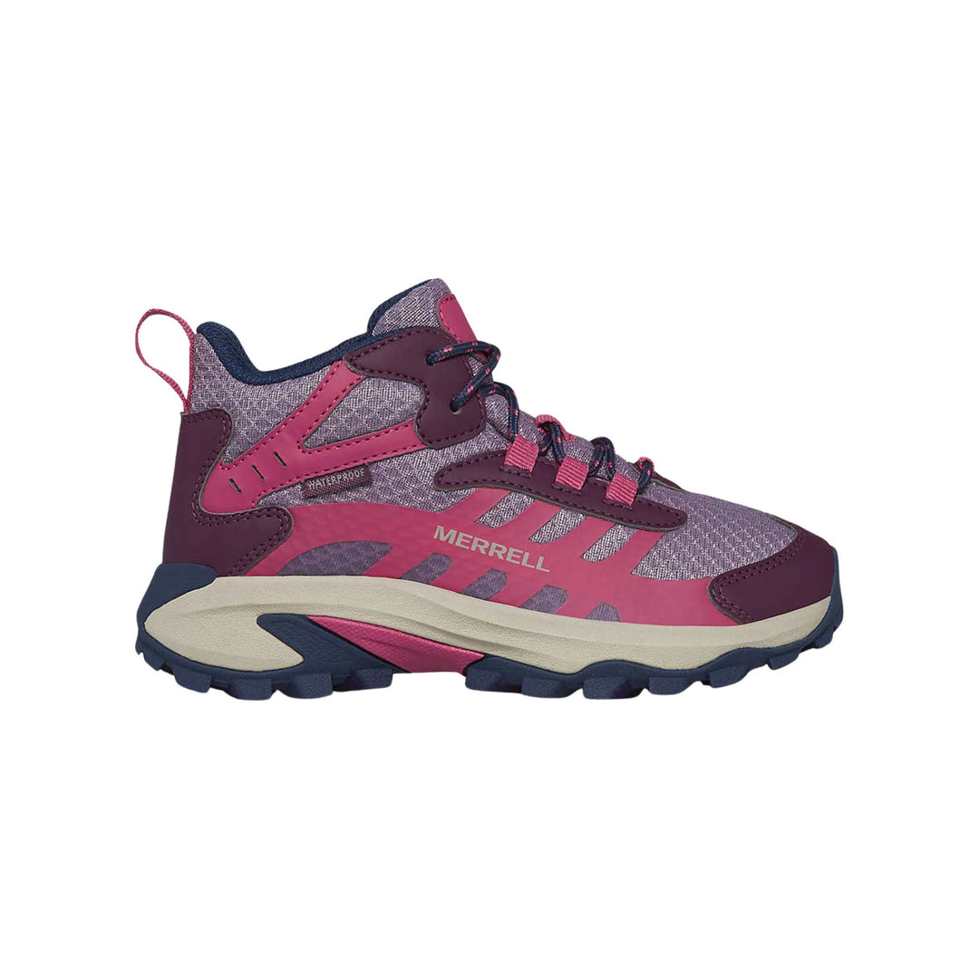 Mid-cut pink and navy hiking boot with rugged sole and side logo