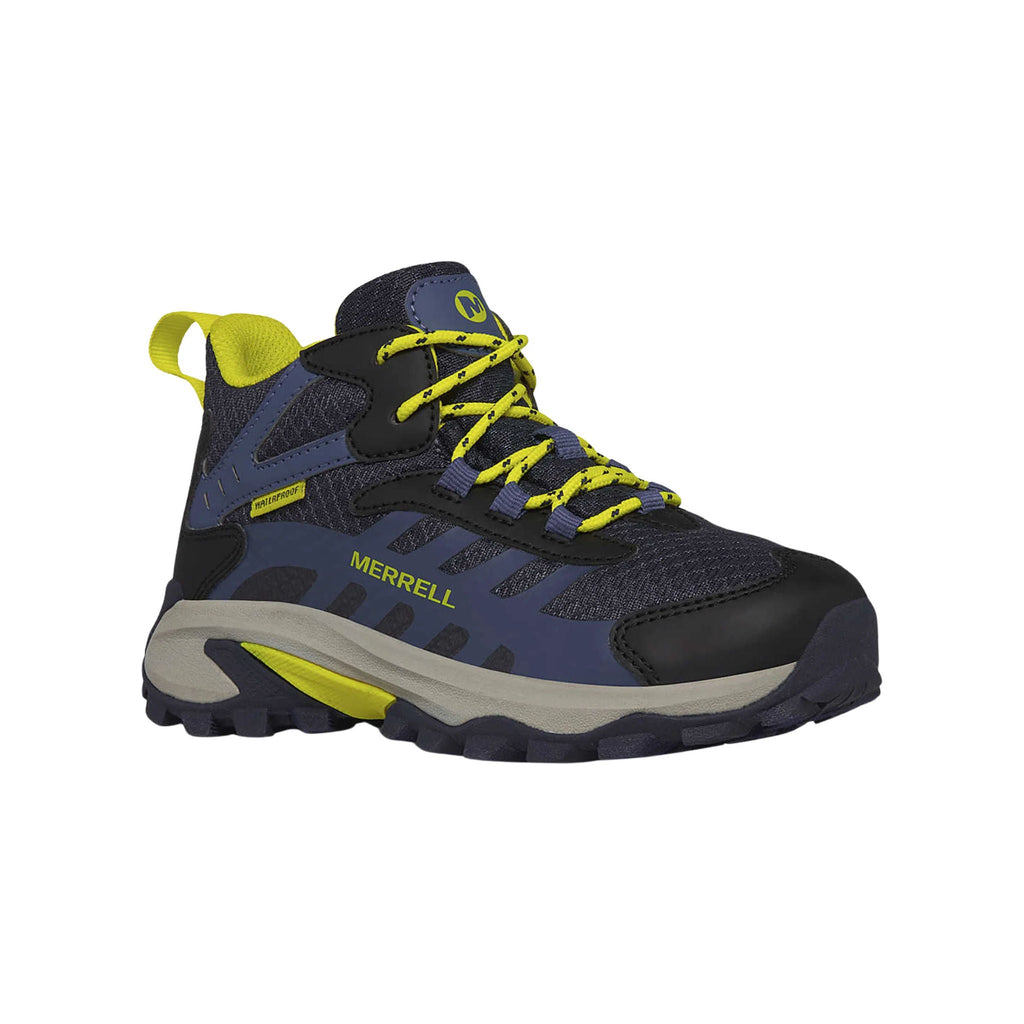 Merrell Big Kids' Moab Speed 2 Mid Waterproof Hiking Boots - Navy/Hi Viz - Lenny's Shoe & Apparel