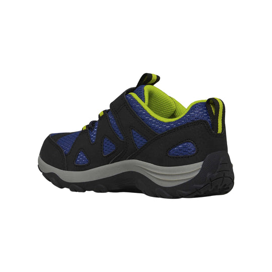Kids' hiking shoe with black overlays, blue mesh, lime trim, and a thick gray-and-black sole