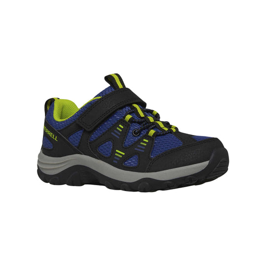 Black and blue hiking shoe with lime accents, hook-and-loop strap, and chunky treaded sole