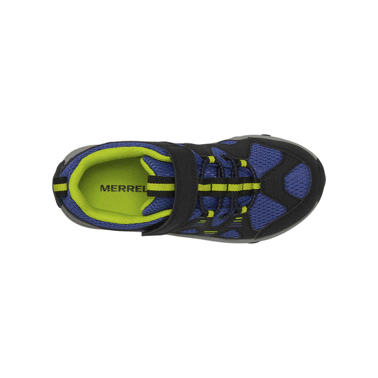 Blue and black kids' athletic hiking shoe with lime green lining and hook-and-loop strap