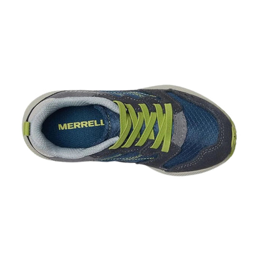 Blue and gray kids' sneaker with lime green laces and MERRELL on the insole, seen from above
