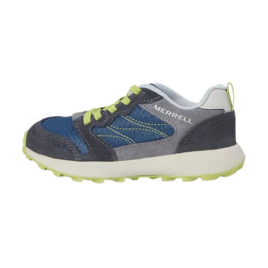 Blue, gray, and navy kids' hiking shoe with lime laces and outsole, side view