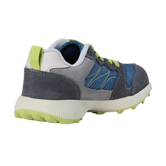 Kids' low-top sneaker in grey, navy, blue, and neon green with a white sole