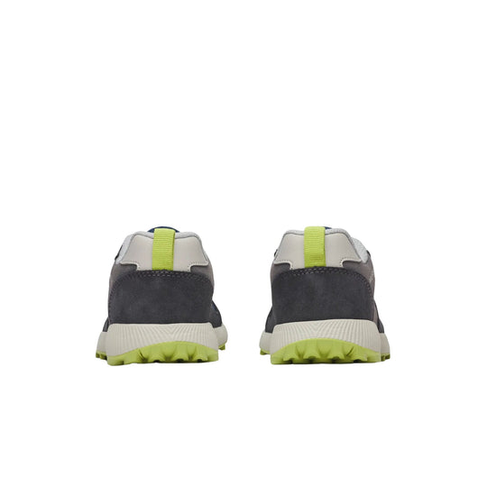 Rear view of two gray slip-on sneakers with lime green heel tabs and white midsoles