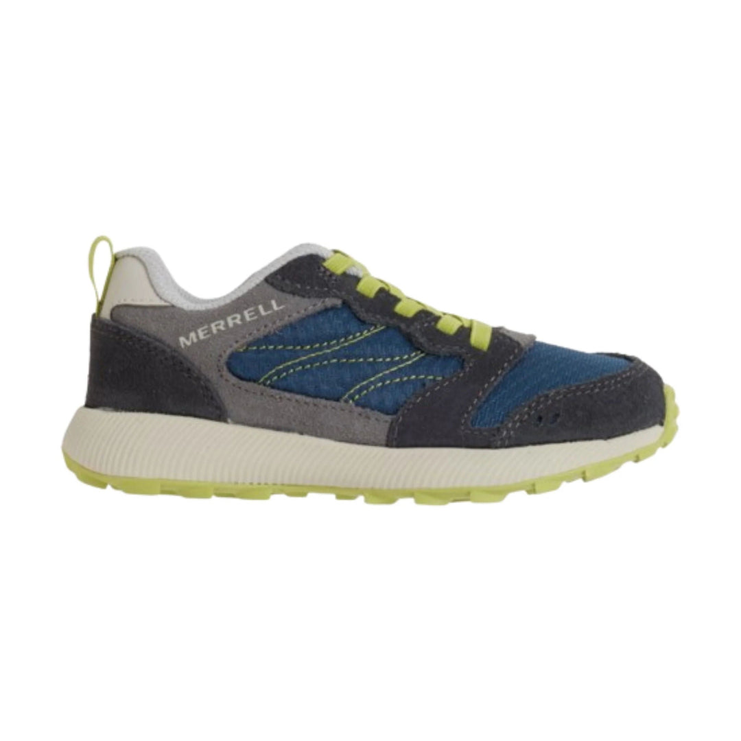 Grey, navy, and citron kids' sneaker with a white midsole and lime outsole, shown in side view