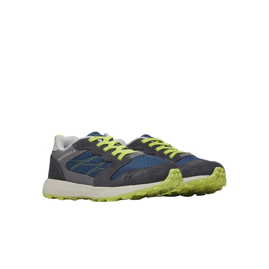 Kids' low-top trail shoes in navy, gray, and lime with neon laces and rugged soles
