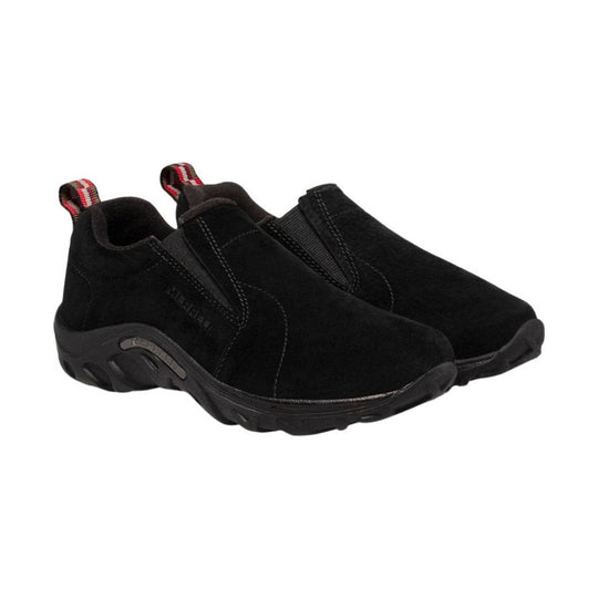 Pair of black slip-on shoes with elastic side panels and striped heel pull tabs