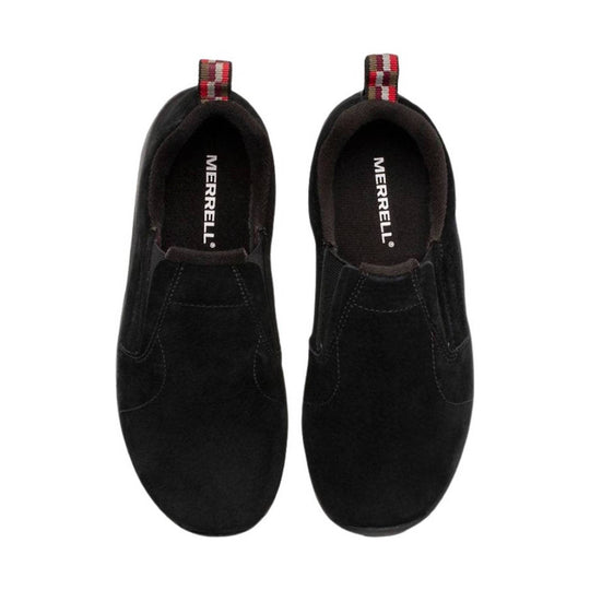 Black slip-on shoes with pull tabs and visible MERRRELL branding on the insoles