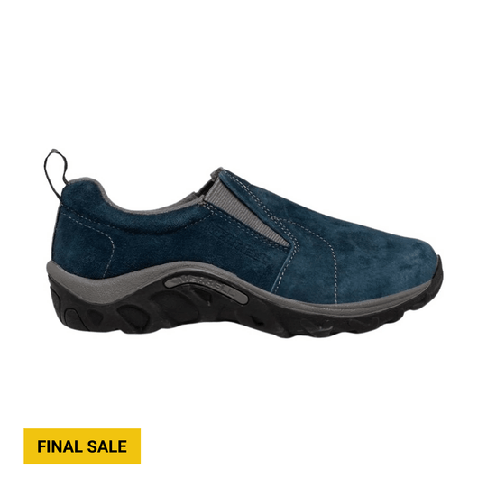 Blue slip-on shoe with a black treaded sole, gray trim, and pull tab, shown in side view