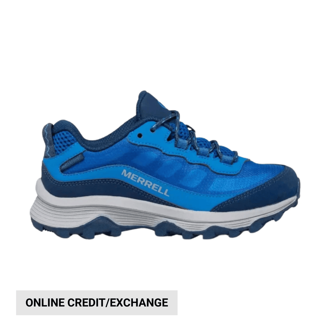 Blue trail shoe with mesh upper, rugged tread, and Merrell logo