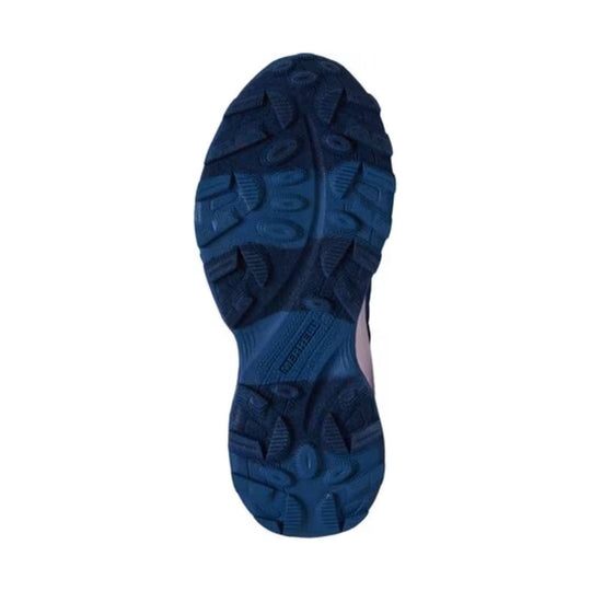 Blue kids' shoe outsole with deep lug tread and molded traction patterns
