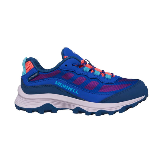 Blue and turquoise trail shoe with pink accents, waterproof tag, and rugged tread