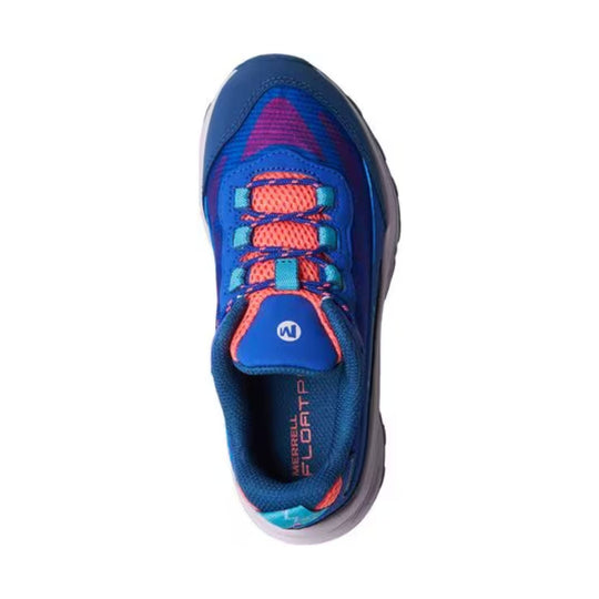 Blue kids' trail shoe with coral and teal laces, shown from above, with a black sole.
