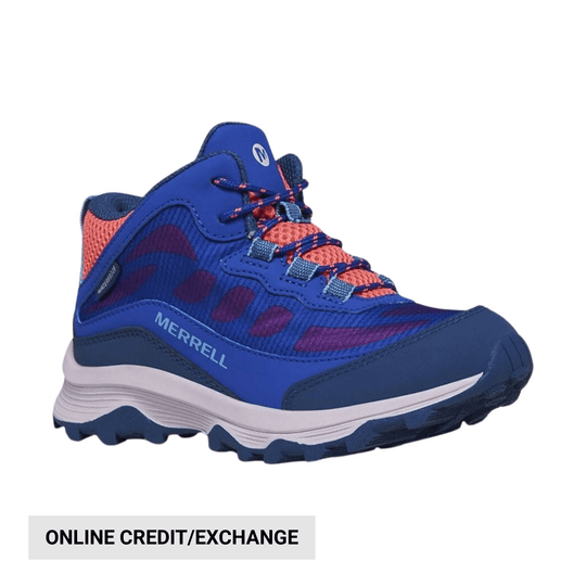 Blue and coral mid-top hiking shoe with a white sole and visible Merrell logo