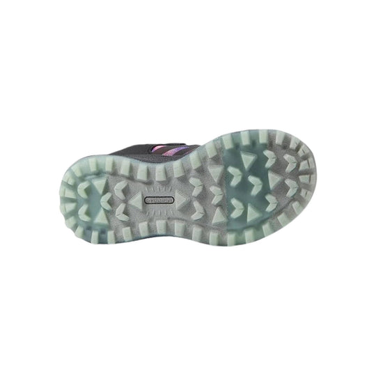 Trail shoe outsole with gray tread and translucent green lugs