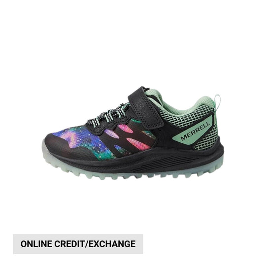Black kids' sneaker with colorful galaxy print, mint green mesh trim, and a hook-and-loop strap