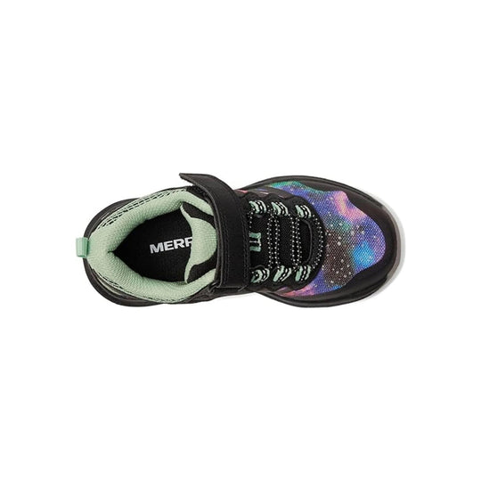 Black kids' sneaker with mint lining, hook-and-loop strap, and iridescent galaxy print on the toe
