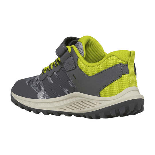 Low-top trail shoe with gray overlays, neon yellow-green mesh panels, black outsole, and beige midsole