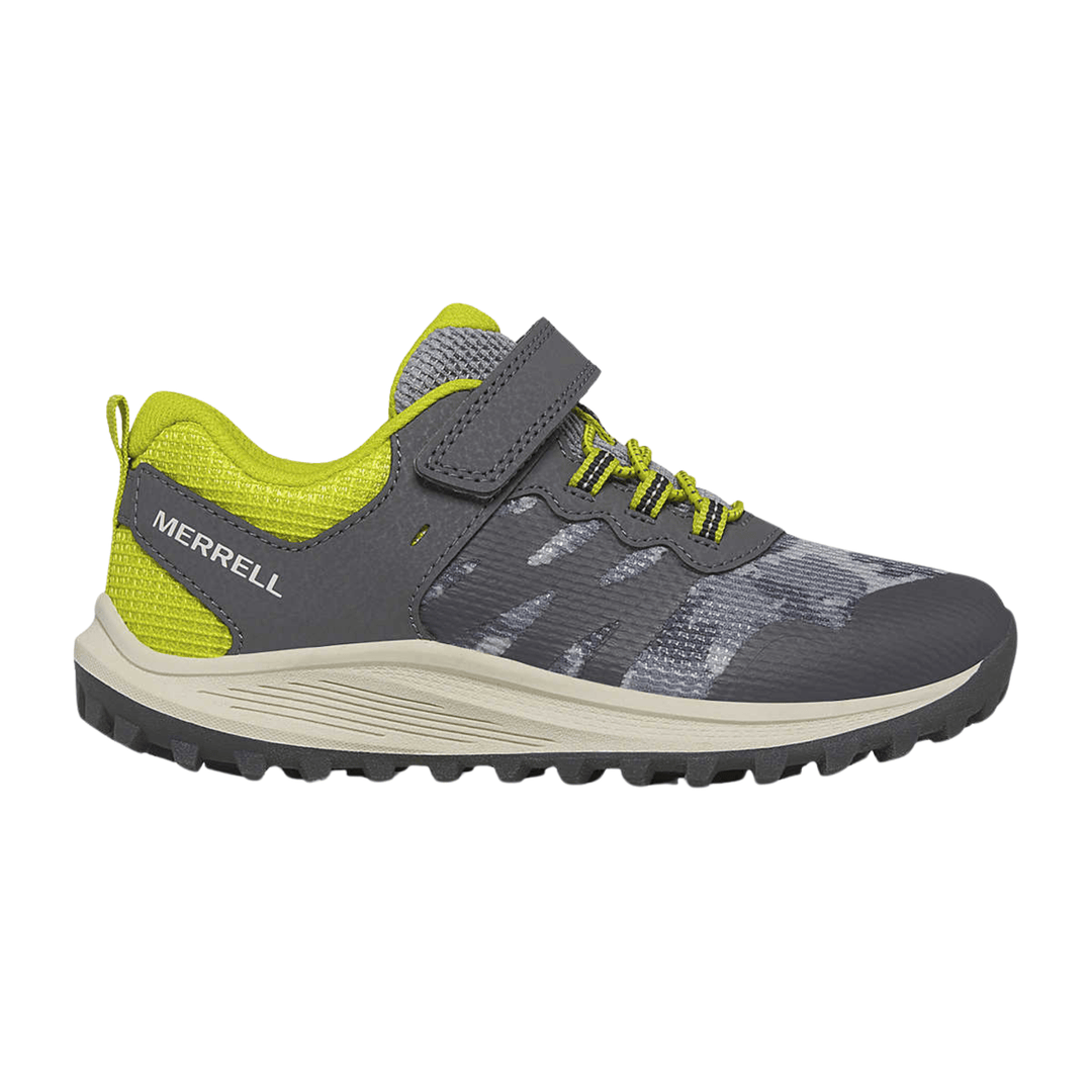 Gray and lime kids' trail shoe with hook-and-loop strap, bungee laces, and lugged sole