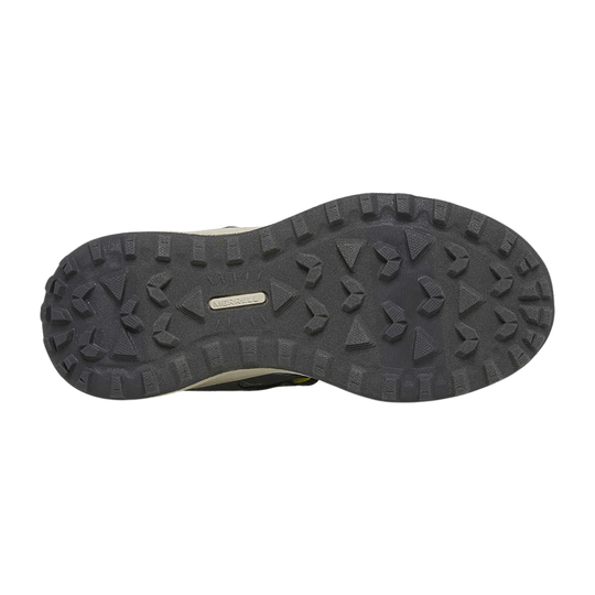 Black hiking shoe outsole with deep tread and Merrell branding
