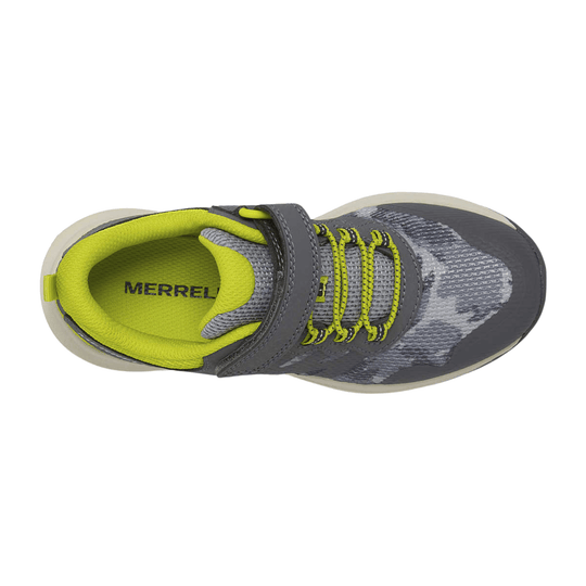 Gray kids' sneaker with lime lining, bungee laces, and a hook-and-loop strap, shown from above