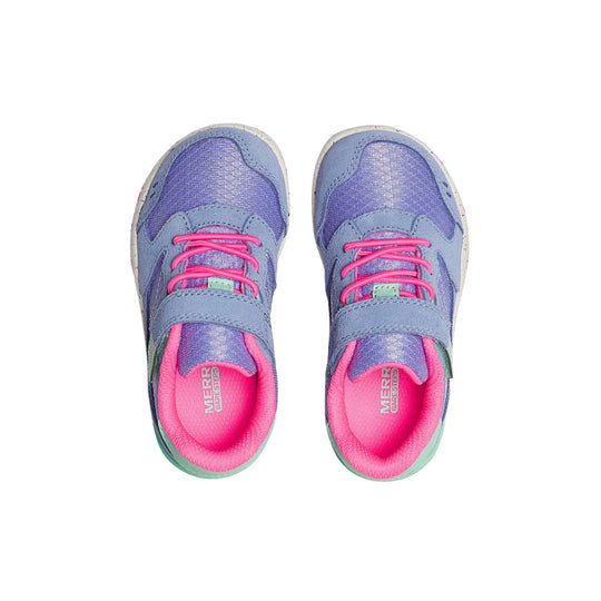 Pair of purple kids' sneakers with pink laces and pink lining, shown from above