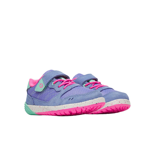 Pair of purple kids' sneakers with pink laces, mint accents, and speckled white soles