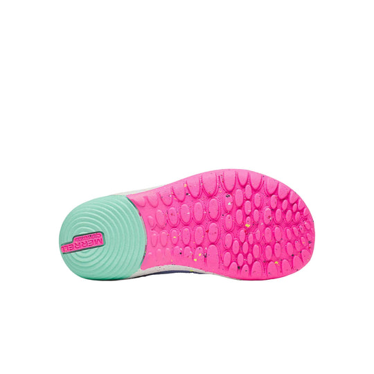 Pink and mint sneaker outsole with textured tread and visible Merrell logo