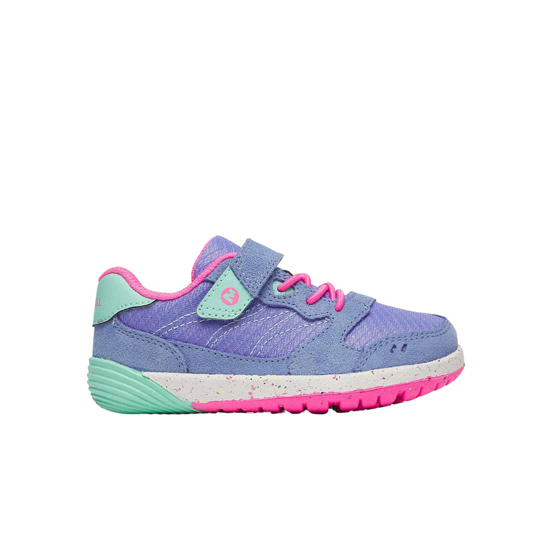Purple kids' sneaker with pink laces, mint heel tab, and white speckled midsole