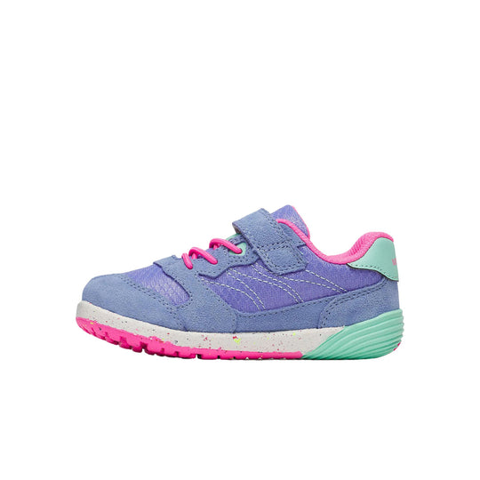 Purple kids sneaker with pink laces and trim, mint heel tab, and a white speckled sole